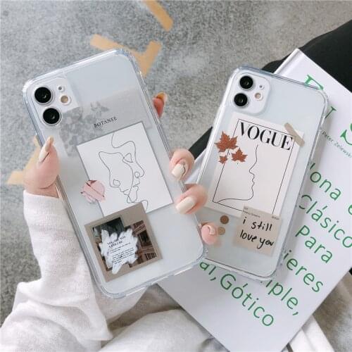 Artistic Line Face Phone Case For iPhone 12 11 Pro Max SE 2020 X XR XS Max 7 8 Plus Transparent TPU Letter Couples Phone Cover