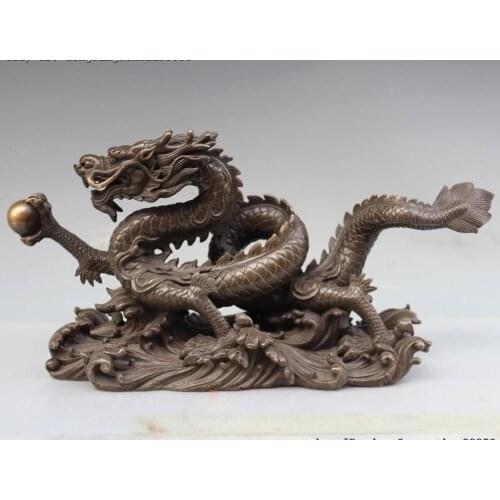 Chinese Royal Palace FengShui Pure Copper Bronze Dragon Loong Hold Bead Statue