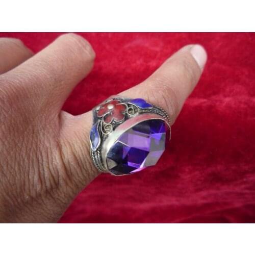 Collections Qing Dynasty beautiful jewelry silver&Cloisonne&Sapphire ring,free shipping