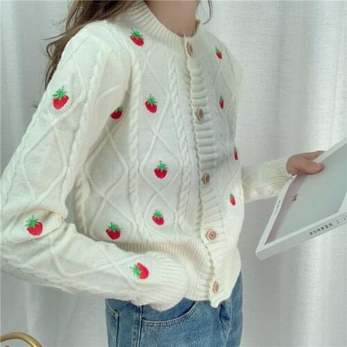 Short Style Strawberry Cardigan Embroidery 2021 Spring Autumn Long Sleeve O Neck Single Breasted Knitted Sweater Knitwear Jumper