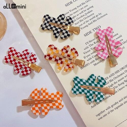 Cute Candy-color Grid Bear Shape Hair Clips Vintage Mosaic Plaid Geometric Hairpins for Women Girls Clip Hair Accessories