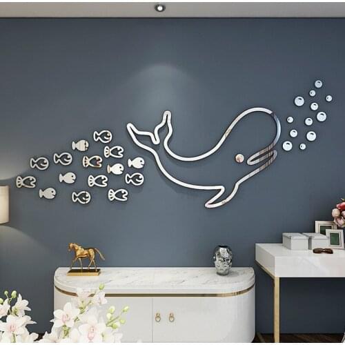 Cartoon fish mirror acrylic 3D wall sticker self adhesive window glass door decoration creative Dolphin