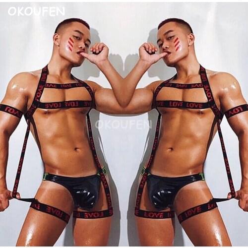 Dance team stage costume nightclub bar ds male bandage sexy elastic chest strap party performance