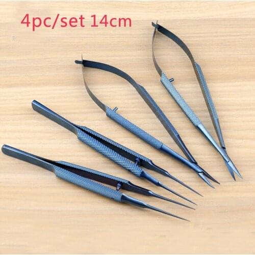 4pcs/set 14cm Titanium microsurgical instruments microsurgery instruments Kit scissors needle holder forceps