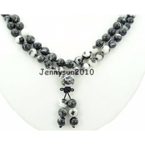 Natural Black and White Zebra 8mm Gems Stone Buddhist 108 Beads Prayer Mala Knot Necklace Multi-Purpose 5Strands/Pack