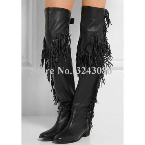 Women New Black Leather Fringe Flat Long Boots Fashion Design Tassels Over the Knee Boots Lady Large Size Winter Flat Boots