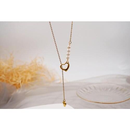 New Unique Real Freshwater Pearl Necklace Heart Adjustable Y Gold Plated Chain Fine Wedding Jewelry Charming Lady Girl Gift