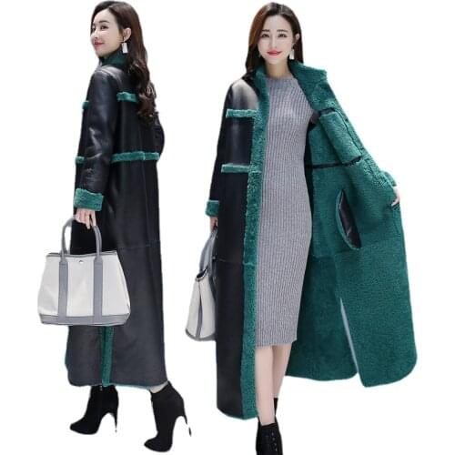 Autumn and Winter Fur One-Piece Iamb Hair Female Iong Double-Sided Wear Plus Velvet Thick Fashion PU Ieather Slim jacketSpliced