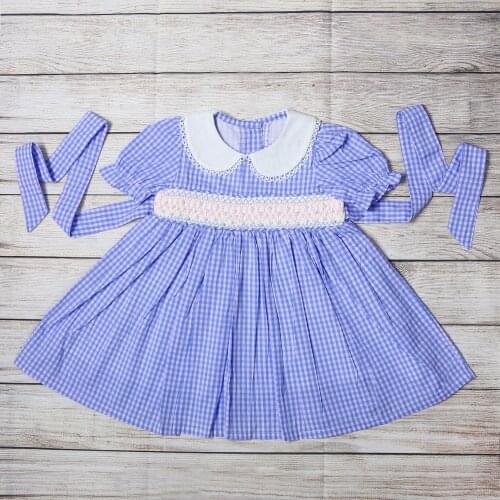 Boutique Smock Hand Embroidery Dress Kids Girl Short Sleeve Child Wear Princess Blue And White Grid Dress For Girls