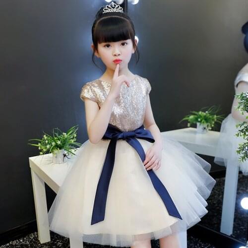 Noble Gold Summer Sequins Girl Dress Kids Birthday Party Wedding Princess Baptism Dress Baby Girls Formal First Communion Gowns