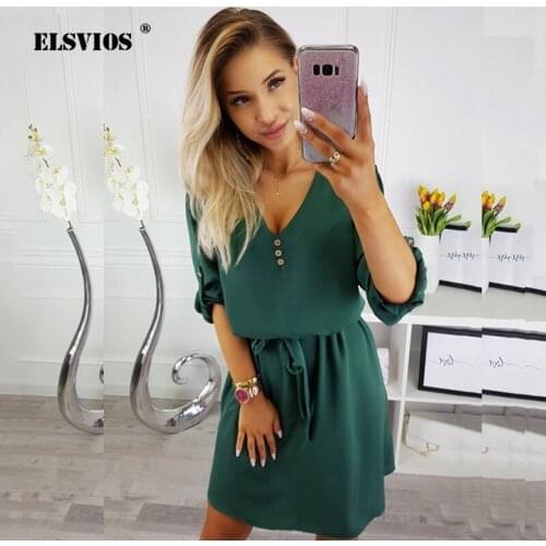 ELSVIOS New Summer Sexy V neck mini dress women 2019 spring solid Three Quarter Sleeve Solid Sashes Dress Ladies party dresses