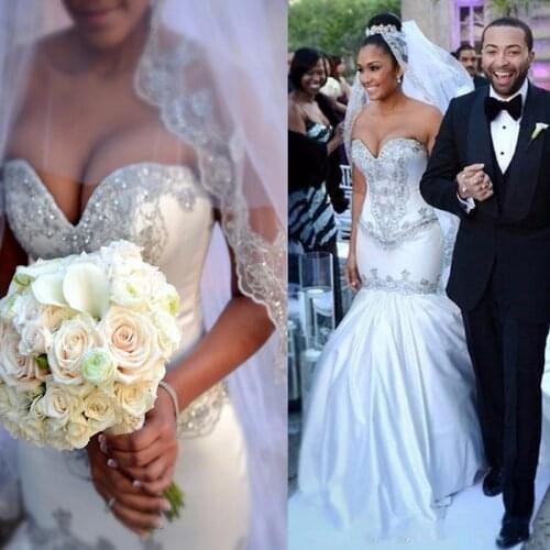 Crystal Beading Luxury Mermaid Wedding Dress Sexy Satin Plus Size Mariage Vestidos De Novia Bridal Gown with Appliques