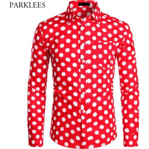 Red Mens Polka Dot Shirt Casual Button Up Dress Shirts Men Chemise Homme Party Club Male Shirts Garden Point Camisas Masculina