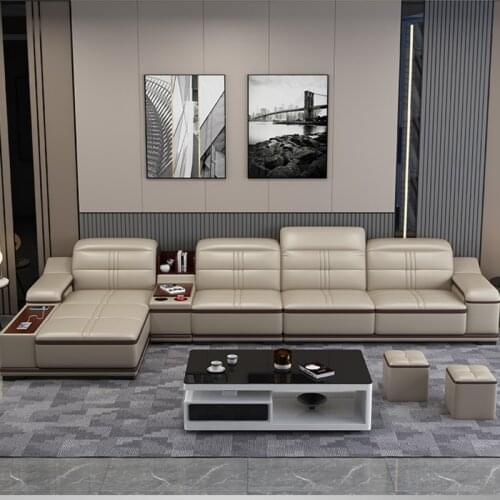 Modern simple size family art living room corner L-type combination function Leather sofa