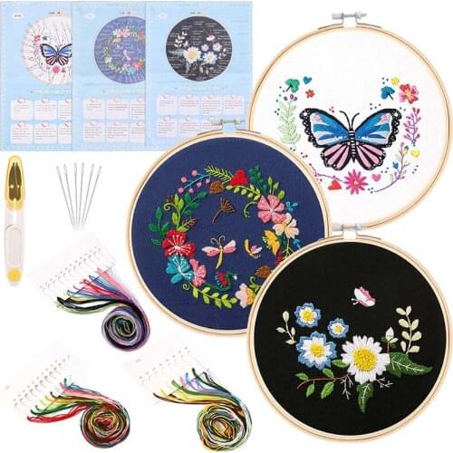 DIY Various Stamped Embroidery Starter Kit with Flowers Plants Pattern Cloth Color Threads Tools(without Hoop)