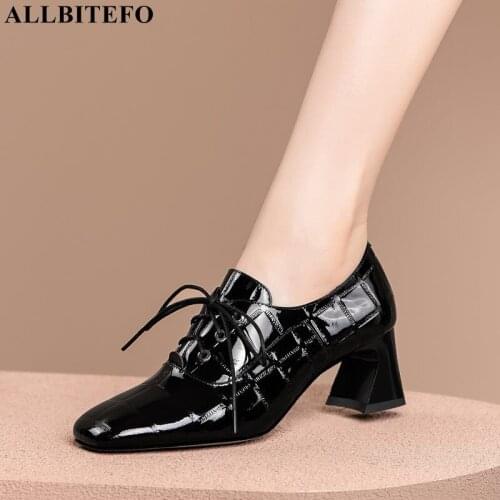 ALLBITEFO Genuine Leather Square Toe Tthick Heels Party Women Shoes Women Heels Shoes Autumn/Spring High Heels Shoes Stiletto