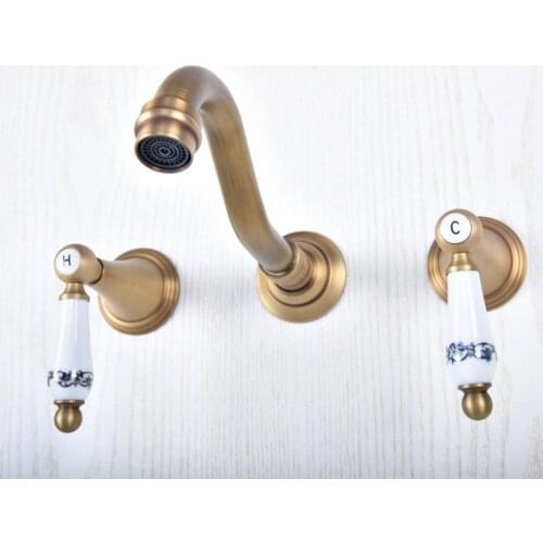 Vintage Antique Brass 2 Ceramic Handle Wall Mount 3 Hole Widespread Bathroom Lavatory Vessel Basin Faucet Sink Mixer Tap dsf515