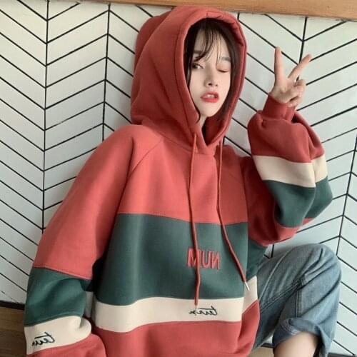 Women Patchwork Hoodies Sweatshirt Thick Autumn Winter Long Sleeve Fleece Sweatshirt Casual Femme Pullover Tops Streetwear