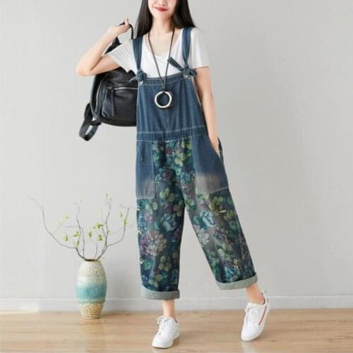 Women Large Size 2020 Spring Autumn Jumpsuits Denim Rompers New Female Casual Print Overalls
