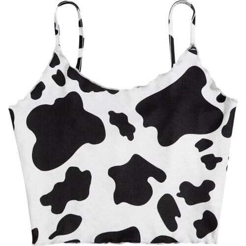 Women Summer Spaghetti Strap Crop Top Sexy Scoop Neck Backless Slim Camisole Harajuku Milk Cow Print Lettuce Trim Sleeveless