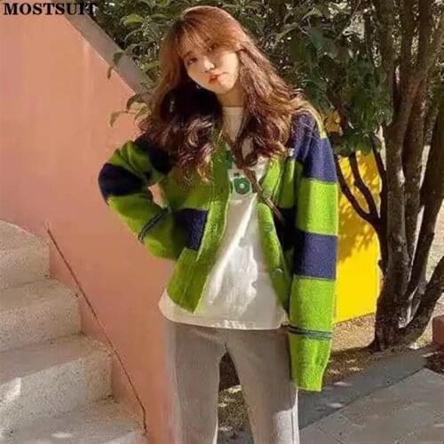 Casual Loose Striped Knitted Cardigan Tops Women Autumn Full Sleeve V-neck Single Breasted Sweater Jumpers Femme 2021