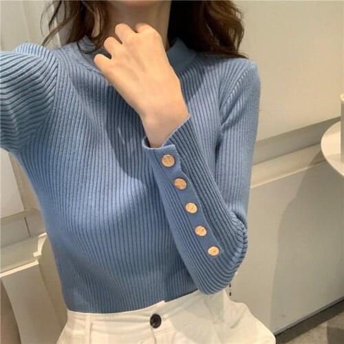 Autumn Winter New Korean Long Sleeve Knit Sweater Women 2021 Solid Casual Slim Bodycon O-neck Pullover Top Button Decor Stretchy