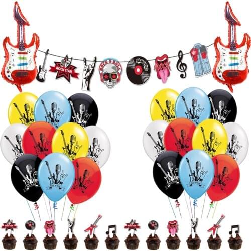 1set Rock & Roll Theme Kids Birthday Party Decorations Hanging Note Guitar Band Banner Cake Topper Music Wedding Party Supplies