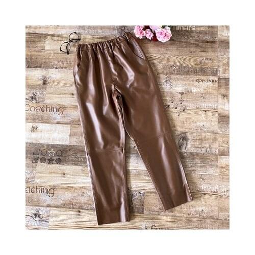 2021 High Quality Spring New Women Genuine Leather Pants Female Casual Ankle-Length Trouse 4 Color Plus Size