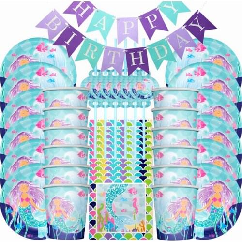 57pcs Disposable tableware Girlish paper tableware set Plate Cup Baby shower Sea Mermaid theme birthday party decorations kids