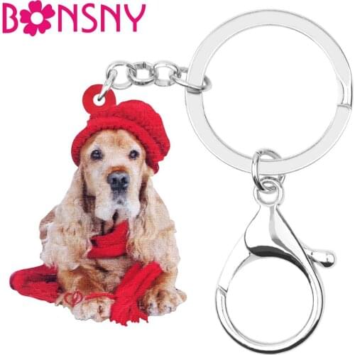 Bonsny Acrylic Christmas Hat Cocker Spaniel Dog Key chains Key Rings Bag Car Wallet Decorations Keychains For Women Girls Gift