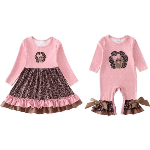Girlymax Thanksgiving Sisters Wear Fall Baby Girls Turkey Pink Dots Ruffles Dress Knee Length Romper Milk Silk Kids Clothing