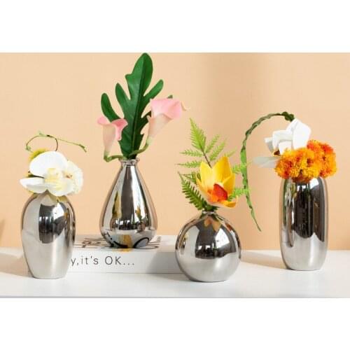 Ceramics Vase Plating Silver Flower Vase Ins Flower Arrangement Container Desktop Dried Plant Bottle Art Ornament Home Decor