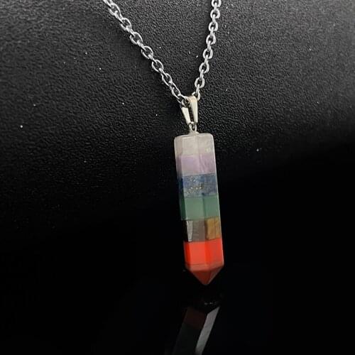 Pomlee Statement Rainbow Necklaces for Women 7 Chakra Bullet-shaped Natural Stone Pendant Necklace Fashion Jewelry Trend 2021