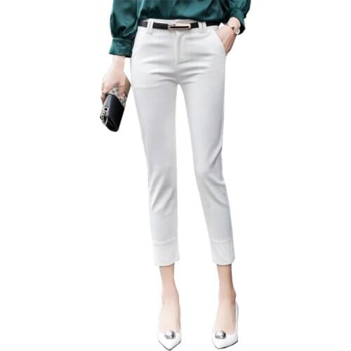 Suit Pants For Women 2021 Summer Stretch Trousers With Blet Offlie Lady Ankle White Black Blue Pants
