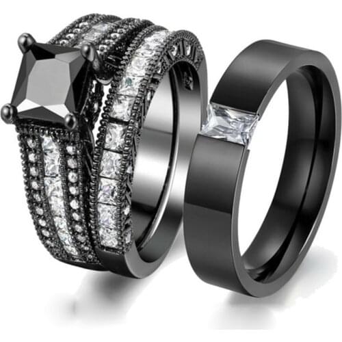 Fashion Couple Rings Jewelry Men Stainless Steel Zircon Ring Women White/Black Zircon Rings Set Engagement Wedding Band Gift