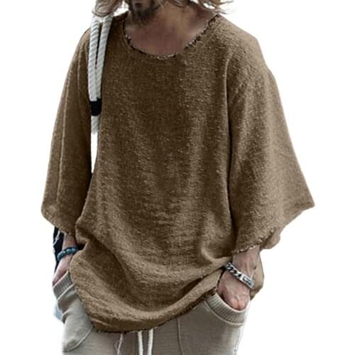 Men T-shirt Solid Color Loose Streetwear Long Sleeve Burrs Edge Top for Dating Casual Tees Round Neck Fashion Clothing