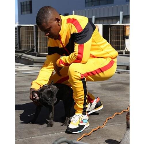 2021Patchwork Hooded 2 Pieces Sets Tracksuit Men Autumn Winter Hooded Sweatshirt +Drawstring Pants Male Stripe Patchwork Hoodies