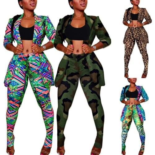 Latest Fashion Women Nightclub Party Outfits Hot Styles Leopard Camouflage Printed Long Sleeves Jacket and Skinny Pants Set Sexy