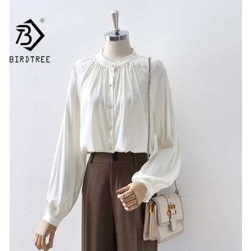 Autumn Women Apricot Shirts Vintage Lantern Sleeve Satin Blouse Pleated O-Neck Elegant Office Wear Lady Fall Spring Basic Tops T