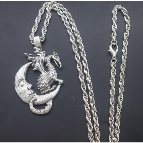 Punk Hip Hop Evil Dragon Necklace Wiccan Moon Pendant Charms Chain Halloween Gift