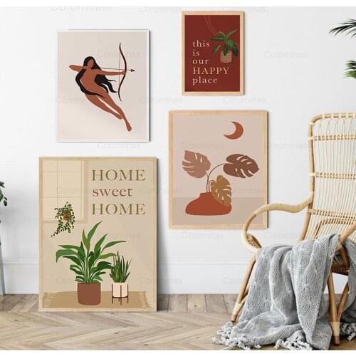 Boho Style Poster Home Decor Modern Wall Art Woman Archery Sweet Home and Happy Place Quote Print Plants Picture Room Decoration