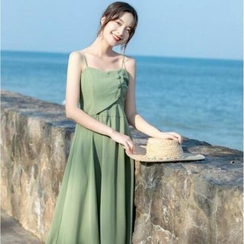 Summer Women Elegant Green A-line Sleeveless Zipper Sexy Buttons Spaghetti Strap Fashion Party Gown Cocktail Dresses 2345