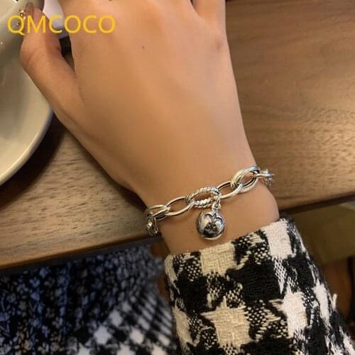 QMCOCO Foxanry INS Style Fashion 925 Silver Thick Chain Bracelet Vintage Handmade Creative Bells Pendant Party Jewelry Gifts