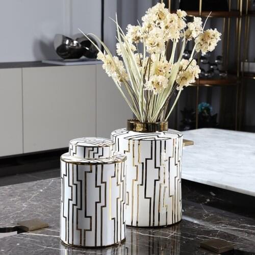 Luxtry Anthony Style Golden Zigzag Line Pattern Vases For Home Decoration Ceramic Jar Ornaments Living Room Decor Wedding Gift