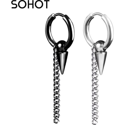 SOHOT Gothic Hipster Rock Pop Boy Hoop Earrings Black Wholesale Punk Tassel Chain Man Unisex Girl Triangular Pyramid Stainless