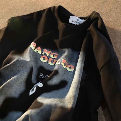 YUQI American Vintage BANGOULUO Letters Abstract Print White Cool Women Pullover Round Neck Cotton Loose Streetwear Sweatshirt