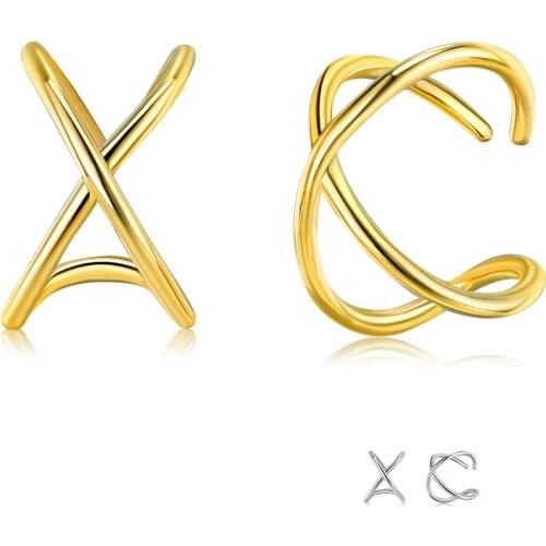 ZEMIOR Genuine Sterling Silver 925 Jewelry Trendy Ear Cuff Helix Cross Gold Color Clip Earrings For Women Rock Punk Cuff Earring