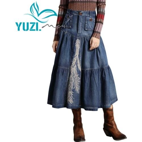 Womens Skirt 2019 Yuzi.may Boho New Denim Women Skirts Vintage Embroidery Patch Pocket Saias X2229 Saia Feminina