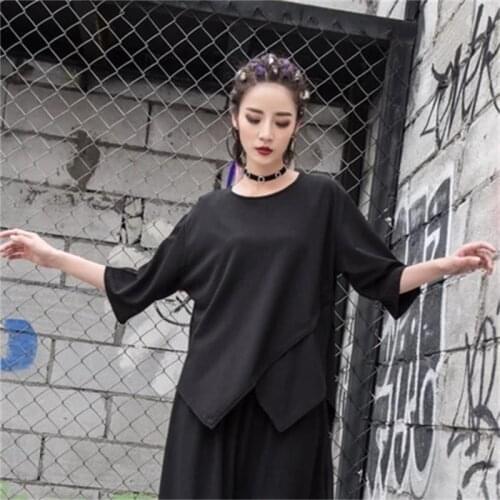 2021summer new five-sleeve t-shirt leisure personality loose womens clothing Europe and the United States Patchwork Asymmetric