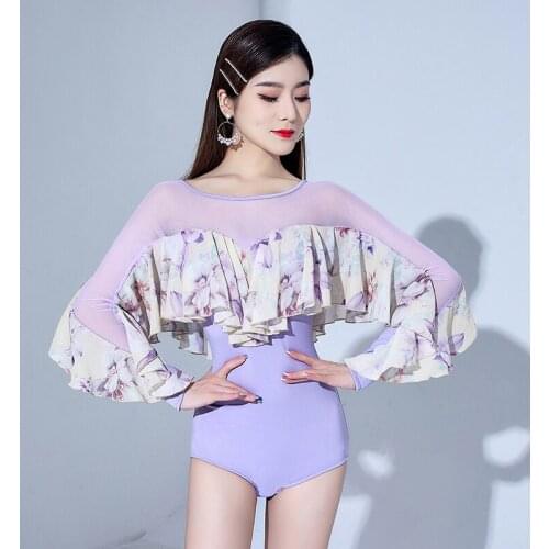 Women Ballroom Dance Tops Long Sleeve Printing Ruffle ChaCha Latin Dancing Performance Costume Tango Waltz Practice Wear YS2301